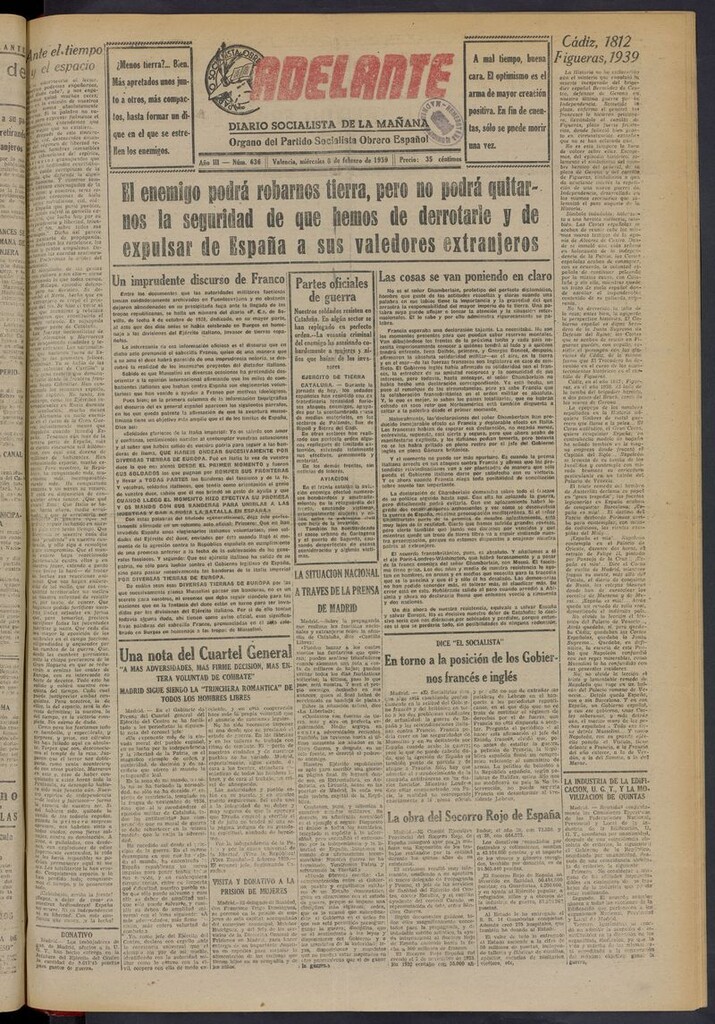 Miniatura de Adelante: diario socialista de la mañana del 8 de febrero de 1939
