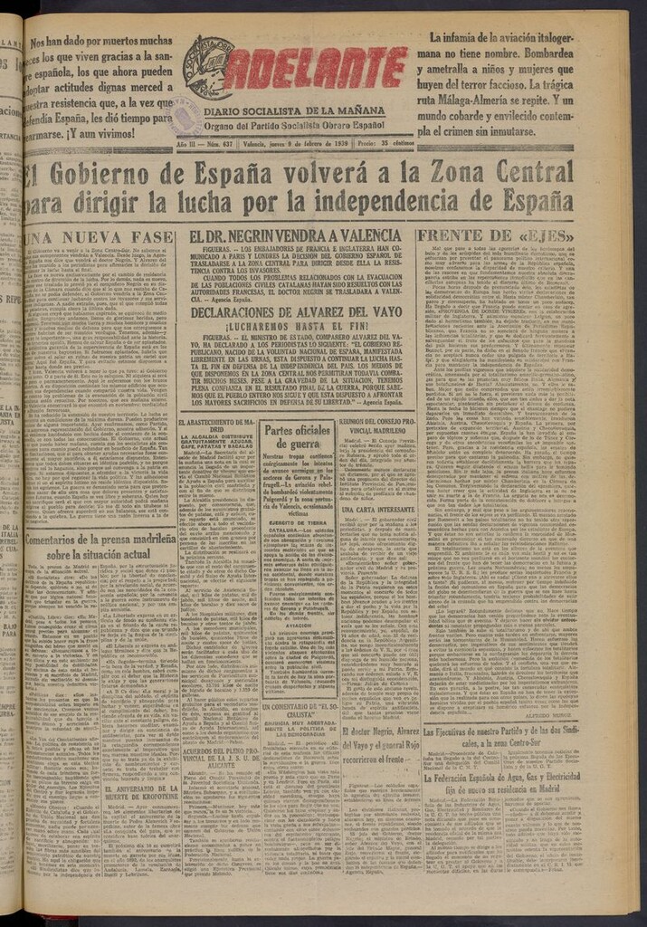 Miniatura de Adelante: diario socialista de la mañana del 9 de febrero de 1939
