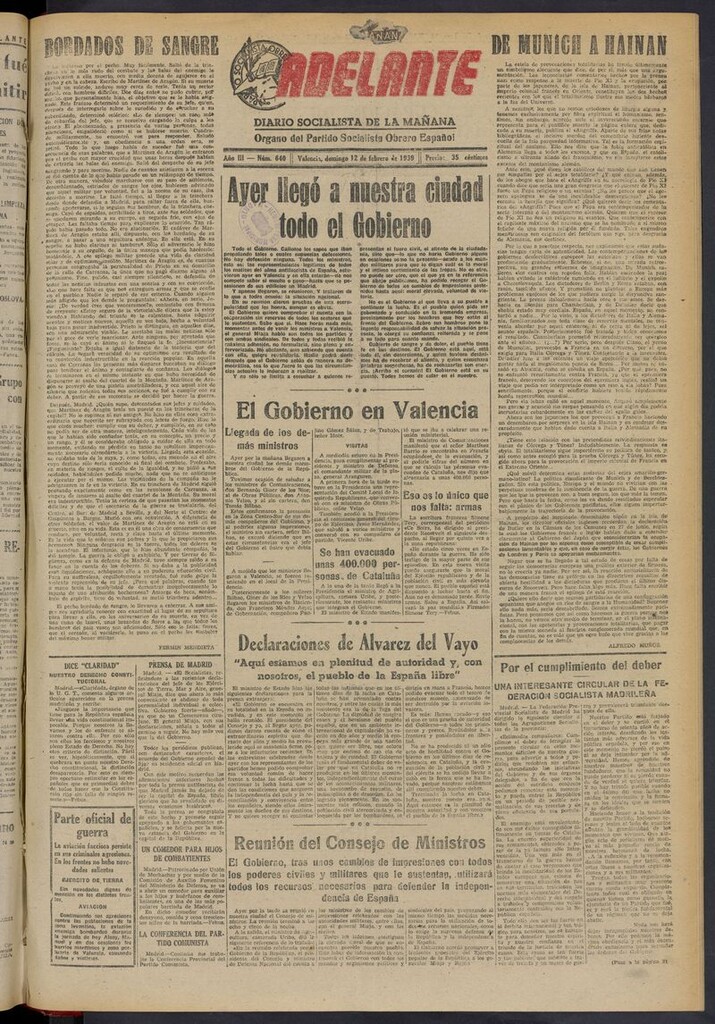 Miniatura de Adelante: diario socialista de la mañana del 12 de febrero de 1939