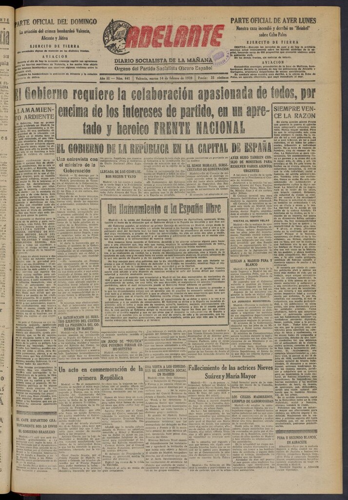 Miniatura de Adelante: diario socialista de la mañana del 14 de febrero de 1939