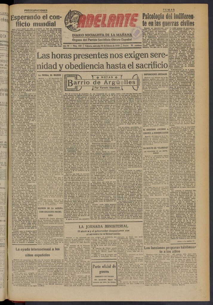 Miniatura de Adelante: diario socialista de la mañana del 15 de febrero de 1939