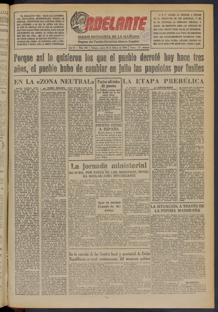 Miniatura de Adelante: diario socialista de la mañana del 16 de febrero de 1939