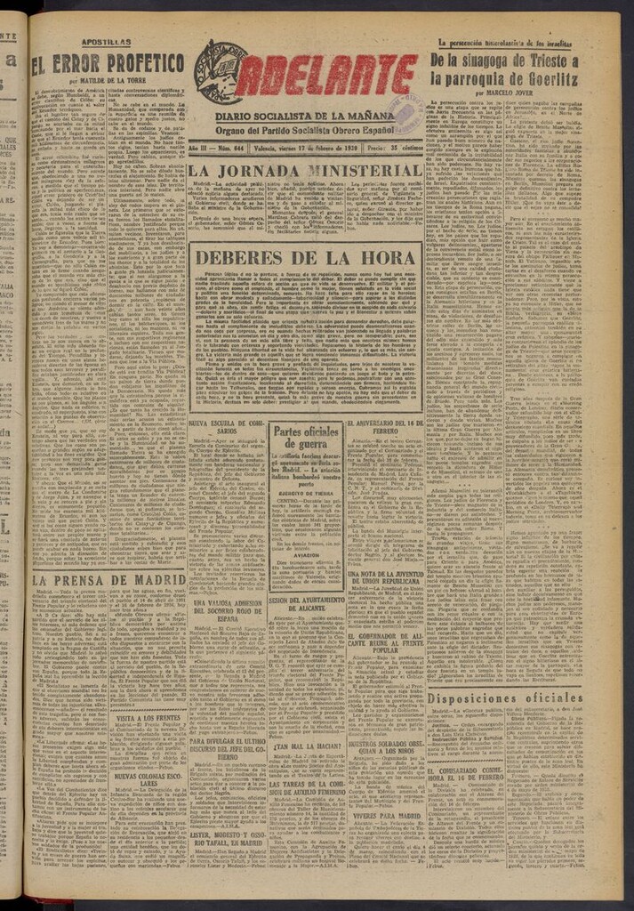 Miniatura de Adelante: diario socialista de la mañana del 17 de febrero de 1939