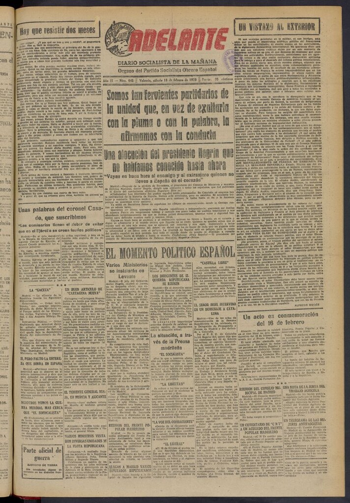 Miniatura de Adelante: diario socialista de la mañana del 18 de febrero de 1939
