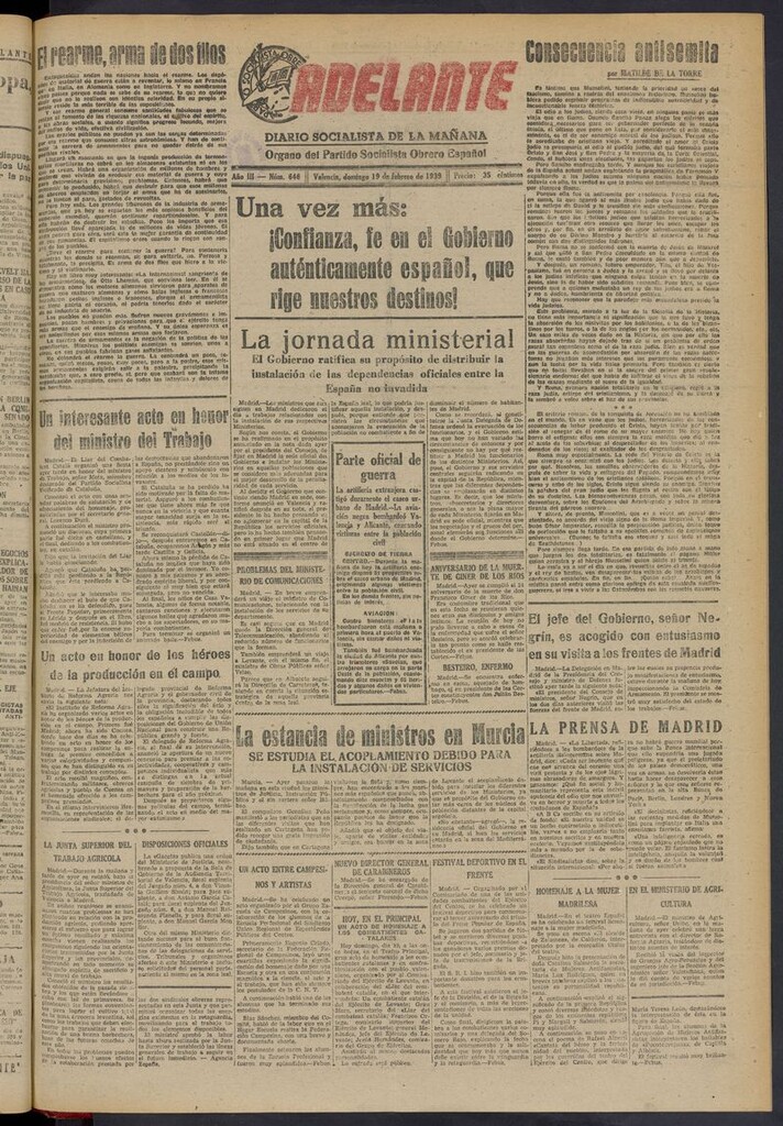 Miniatura de Adelante: diario socialista de la mañana del 19 de febrero de 1939