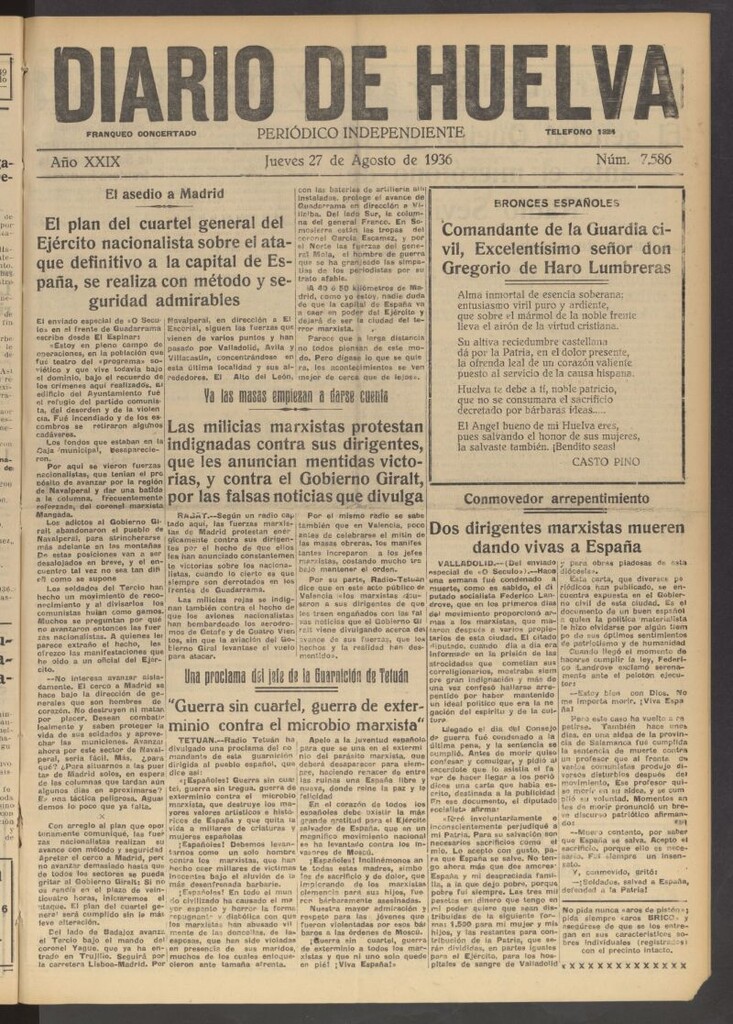 Miniatura de Diario de Huelva : periódico independiente del 27 de agosto de 1936