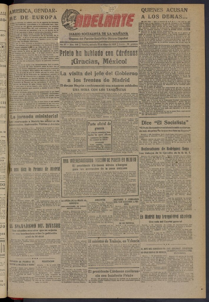 Miniatura de Adelante: diario socialista de la mañana del 22 de febrero de 1939