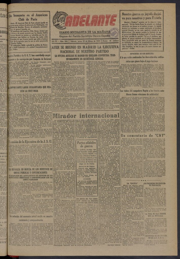 Miniatura de Adelante: diario socialista de la mañana del 23 de febrero de 1939