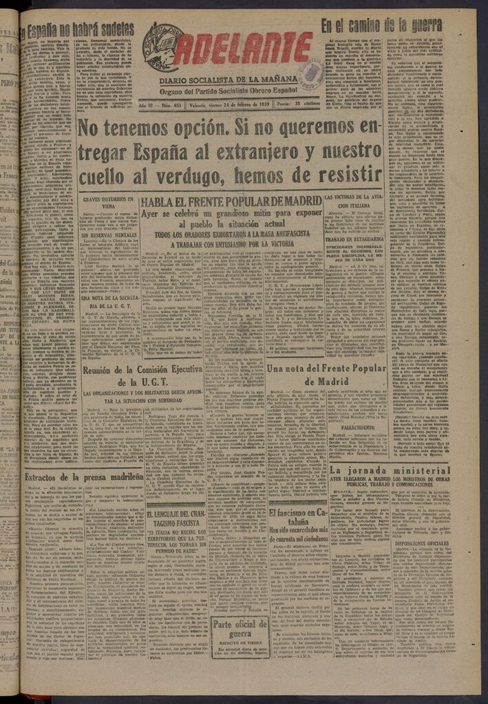 Miniatura de Adelante: diario socialista de la mañana del 24 de febrero de 1939