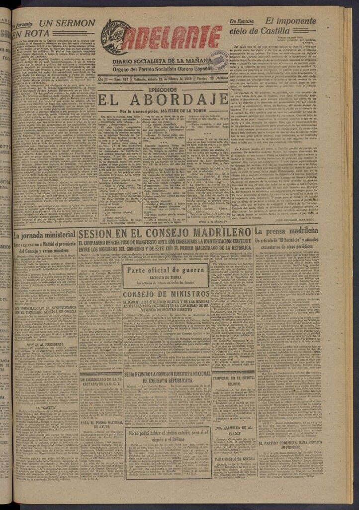 Miniatura de Adelante: diario socialista de la mañana del 25 de febrero de 1939