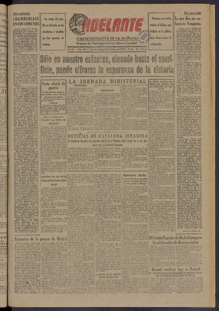 Miniatura de Adelante: diario socialista de la mañana del 26 de febrero de 1939