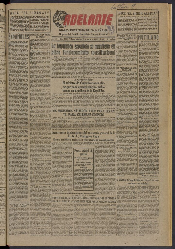 Miniatura de Adelante: diario socialista de la mañana del 1 de marzo de 1939