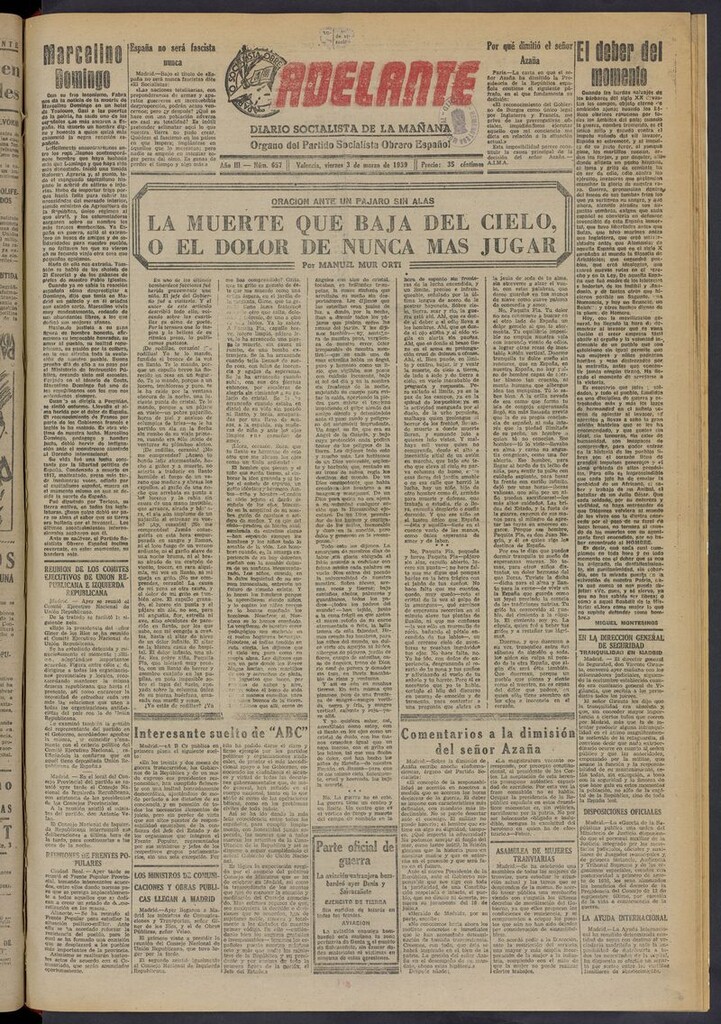 Miniatura de Adelante: diario socialista de la mañana del 3 de marzo de 1939