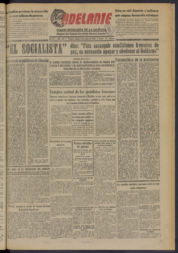 Miniatura de Adelante: diario socialista de la mañana del 4 de marzo de 1939