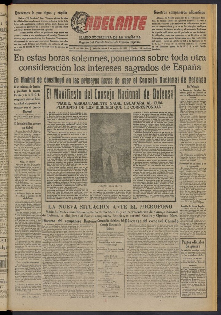 Miniatura de Adelante: diario socialista de la mañana del 7 de marzo de 1939