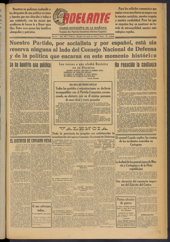 Miniatura de Adelante: diario socialista de la mañana del 8 de marzo de 1939