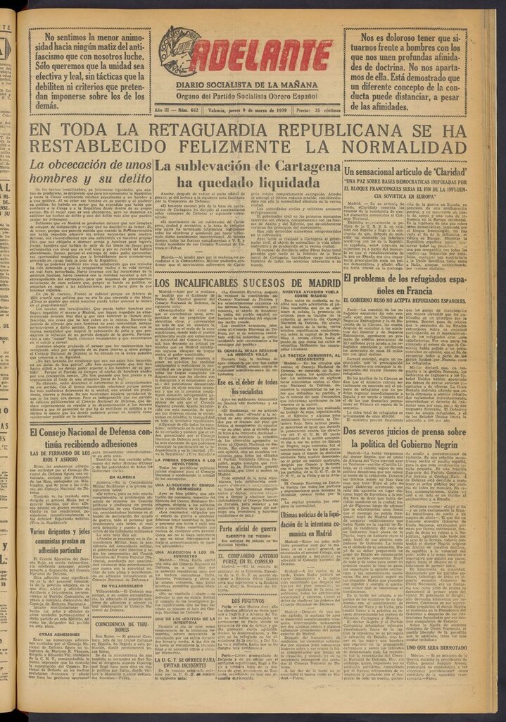 Miniatura de Adelante: diario socialista de la mañana del 9 de marzo de 1939