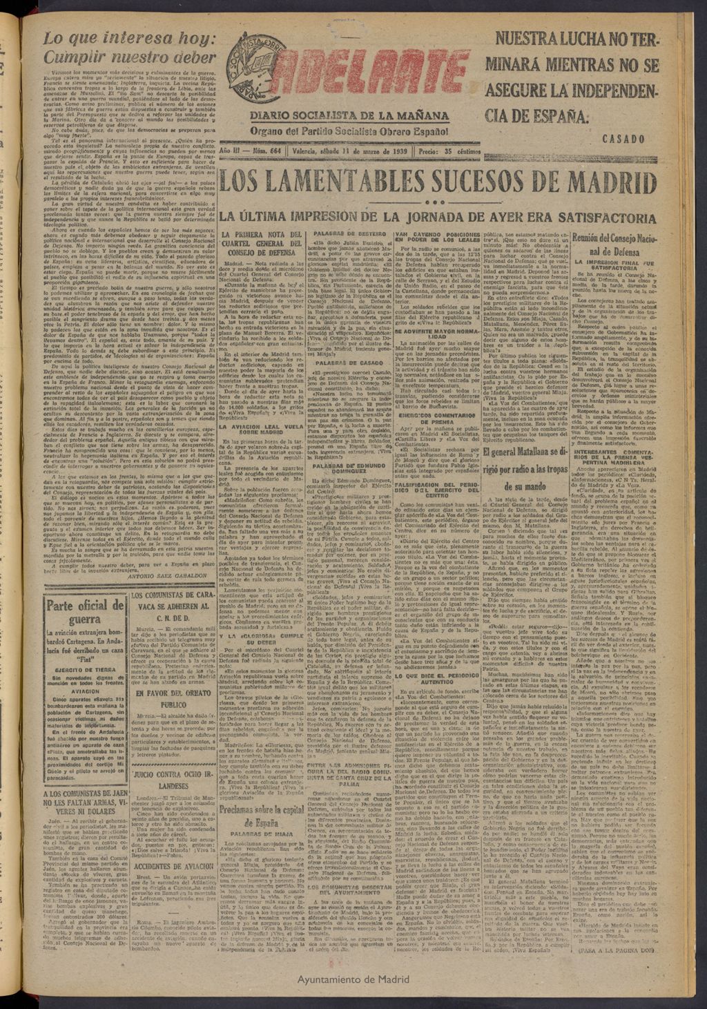 Miniatura de Adelante: diario socialista de la mañana del 11 de marzo de 1939