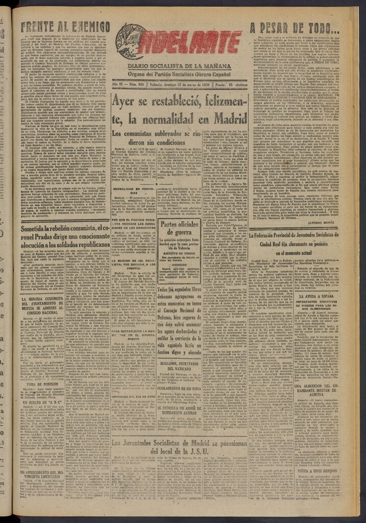 Miniatura de Adelante: diario socialista de la mañana del 12 de marzo de 1939