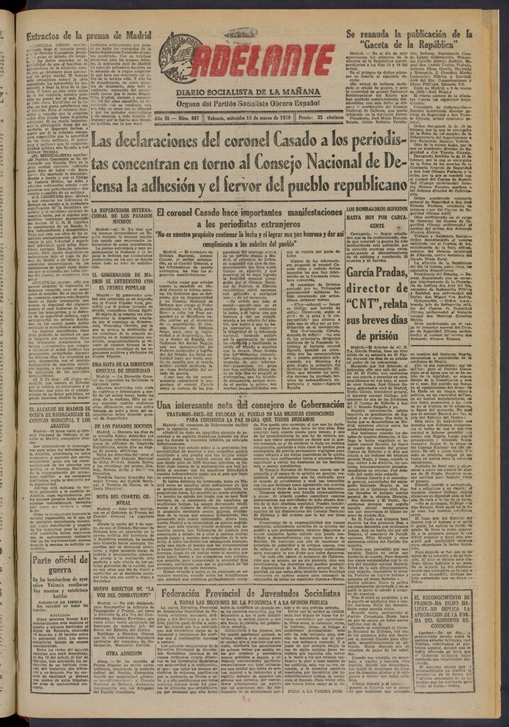 Miniatura de Adelante: diario socialista de la mañana del 15 de marzo de 1939