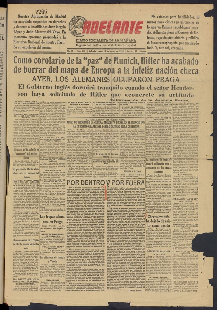 Miniatura de Adelante: diario socialista de la mañana del 16 de marzo de 1939