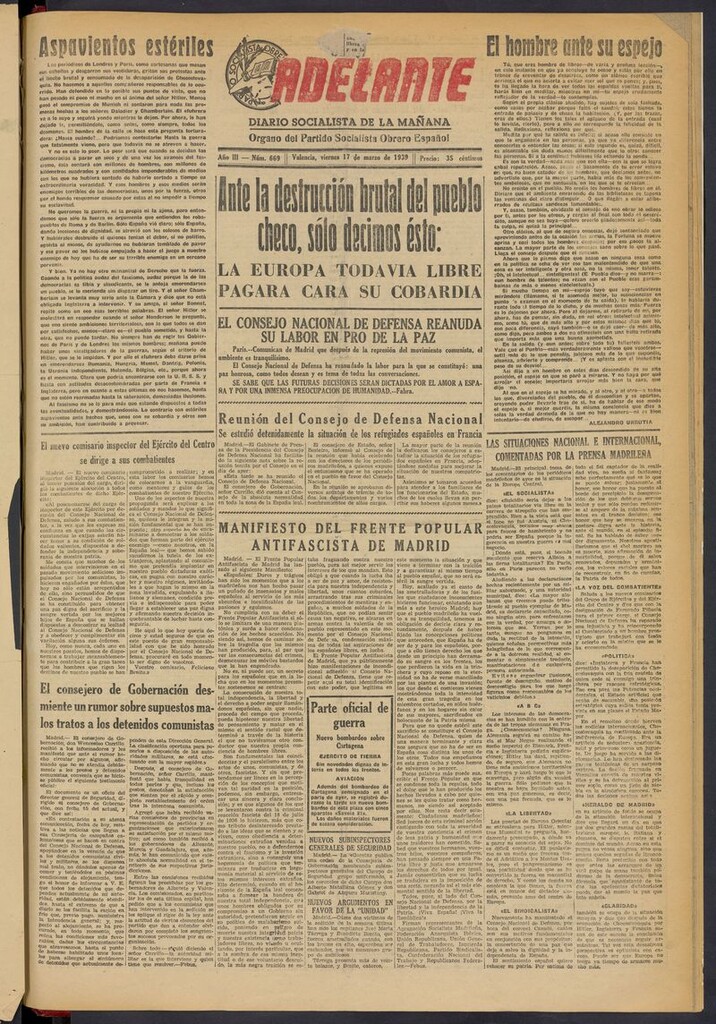 Miniatura de Adelante: diario socialista de la mañana del 17 de marzo de 1939