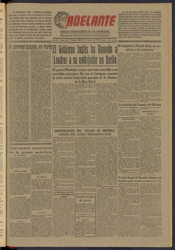 Miniatura de Adelante: diario socialista de la mañana del 18 de marzo de 1939