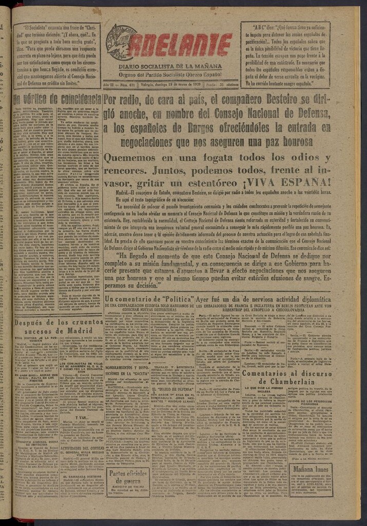 Miniatura de Adelante: diario socialista de la mañana del 19 de marzo de 1939