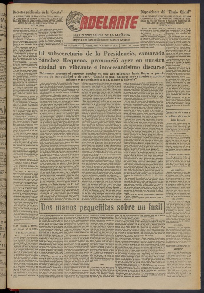 Miniatura de Adelante: diario socialista de la mañana del 20 de marzo de 1939