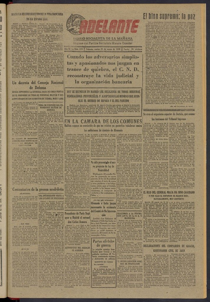 Miniatura de Adelante: diario socialista de la mañana del 21 de marzo de 1939