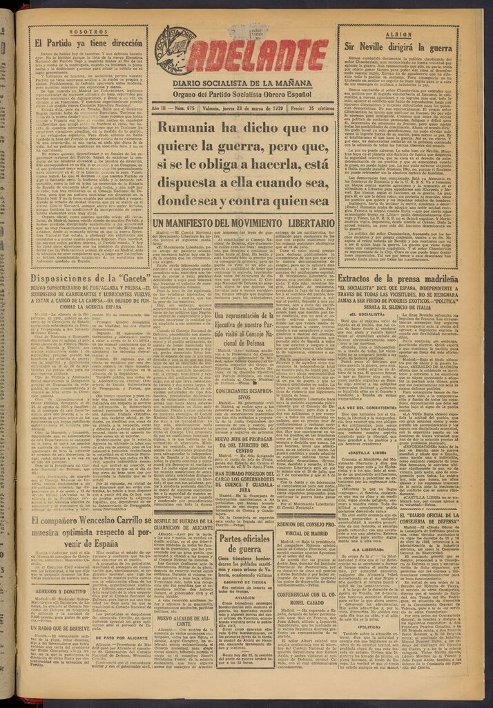Miniatura de Adelante: diario socialista de la mañana del 23 de marzo de 1939