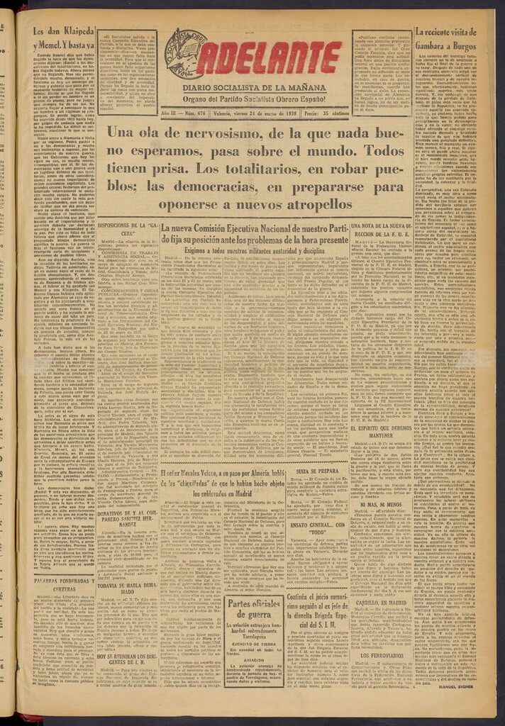 Miniatura de Adelante: diario socialista de la mañana del 24 de marzo de 1939