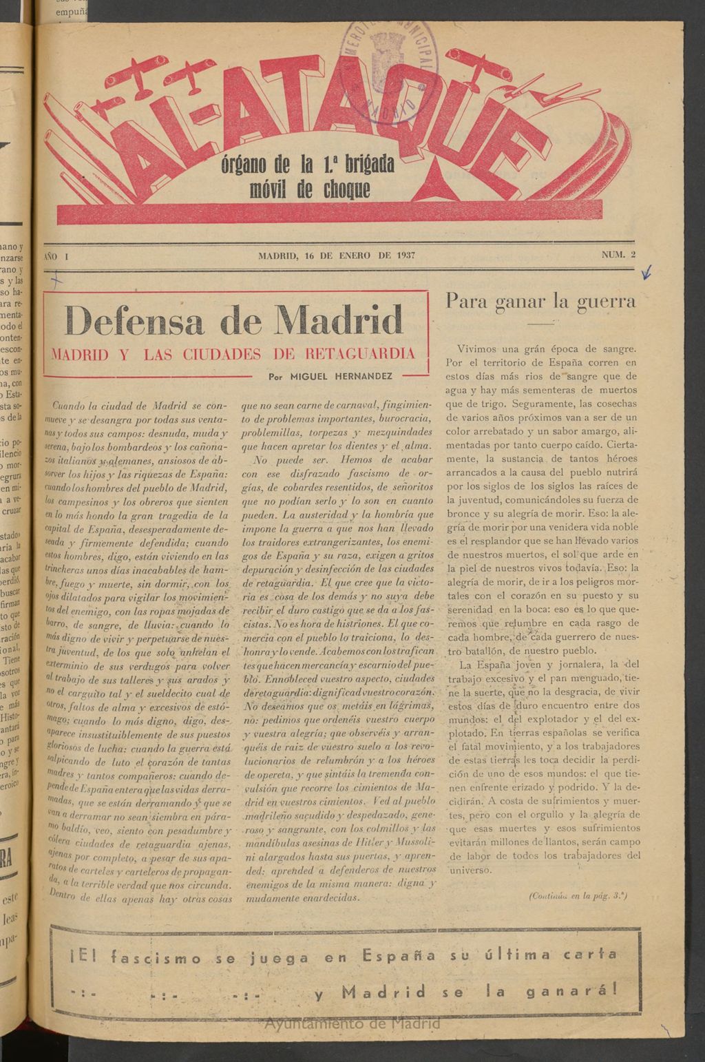 Miniatura de Al Ataque : Organo de la Brigada del Campesino del 16 de enero de 1937