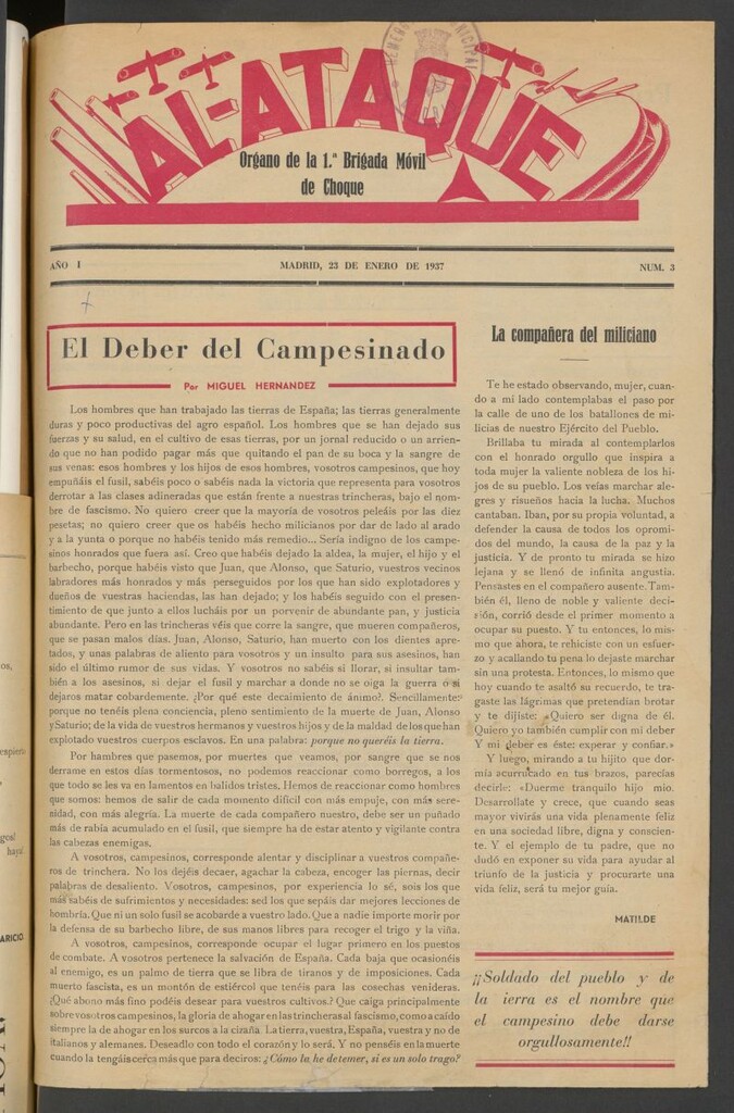 Miniatura de Al Ataque : Organo de la Brigada del Campesino del 23 de enero de 1937