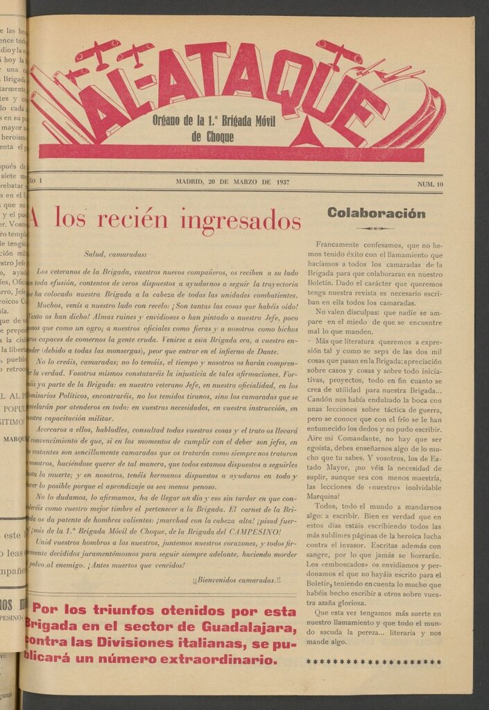 Miniatura de Al Ataque : Organo de la Brigada del Campesino del 20 de marzo de 1937