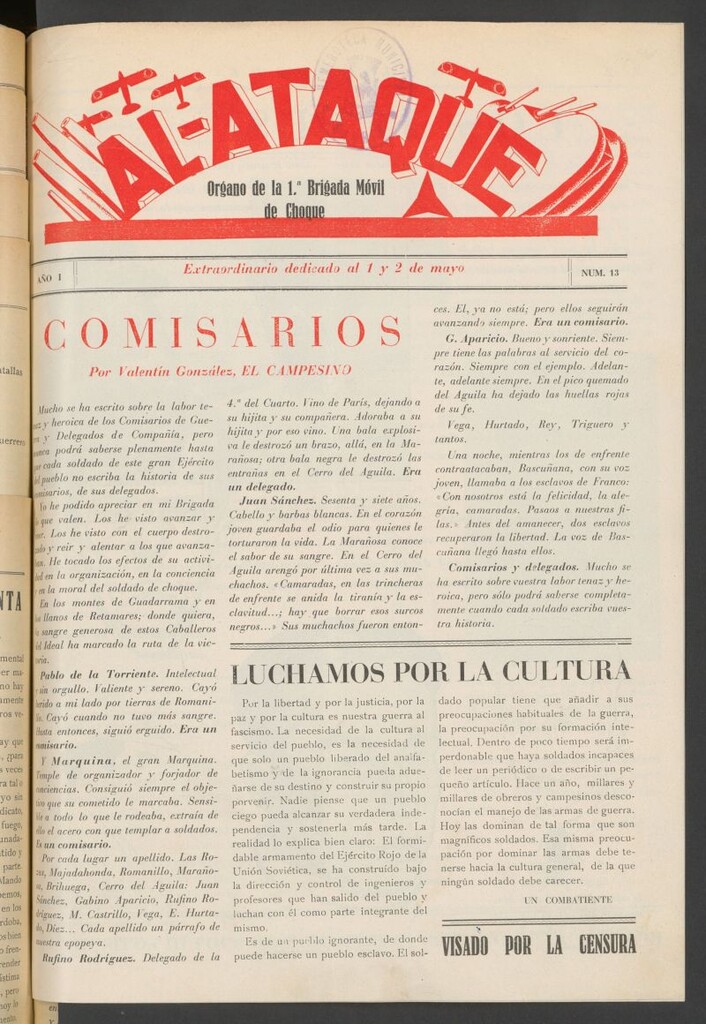Miniatura de Al Ataque : Organo de la Brigada del Campesino. Número extraordinario dedicado al 1 y 2 de mayo