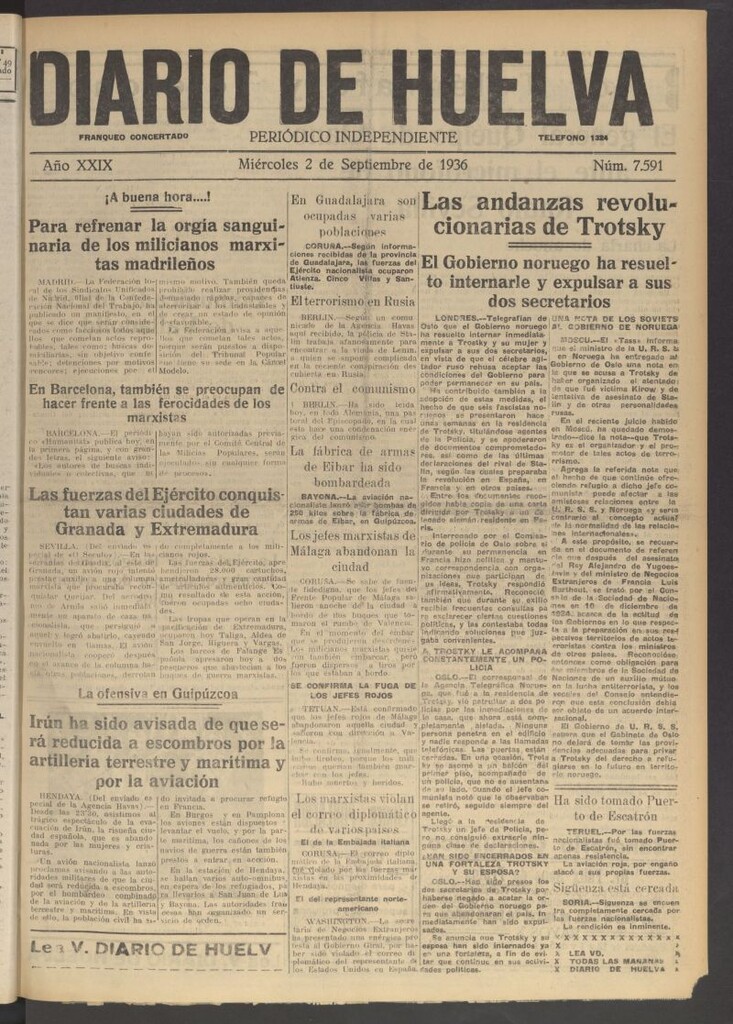 Miniatura de Diario de Huelva : periódico independiente del 2 de septiembre de 1936