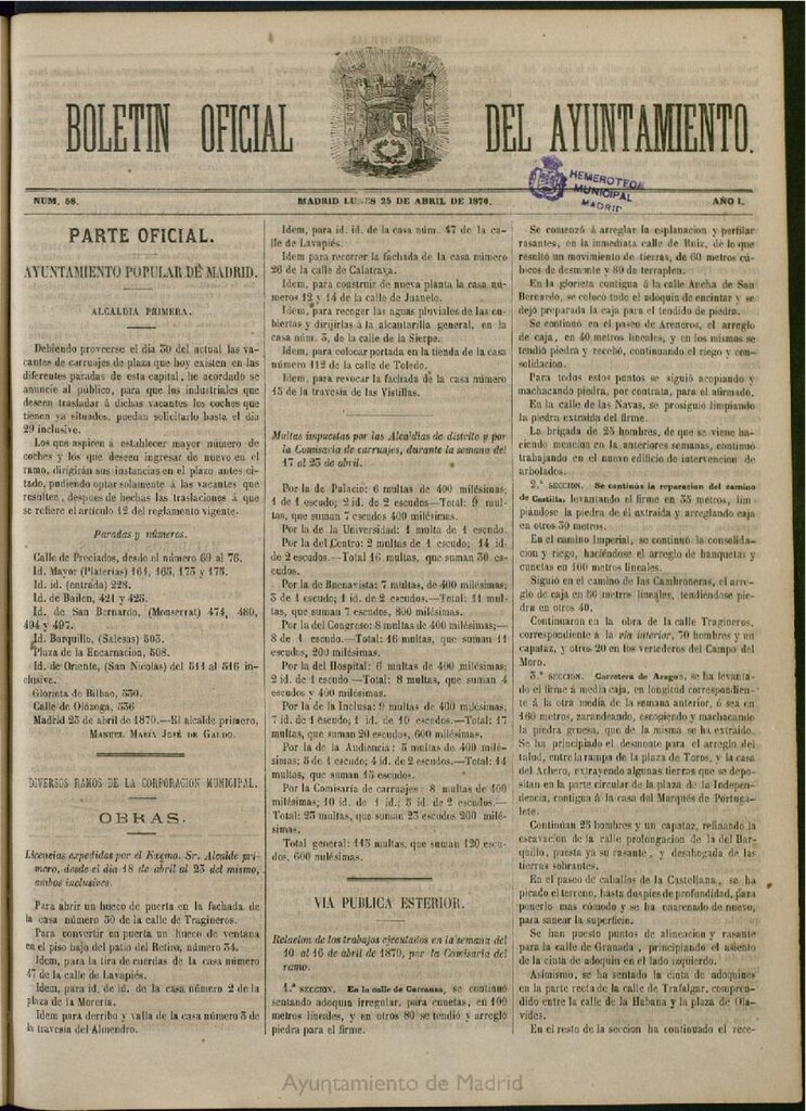 Miniatura de Boletín Oficial del Ayuntamiento de Madrid del 25 de abril de 1870, nº 58