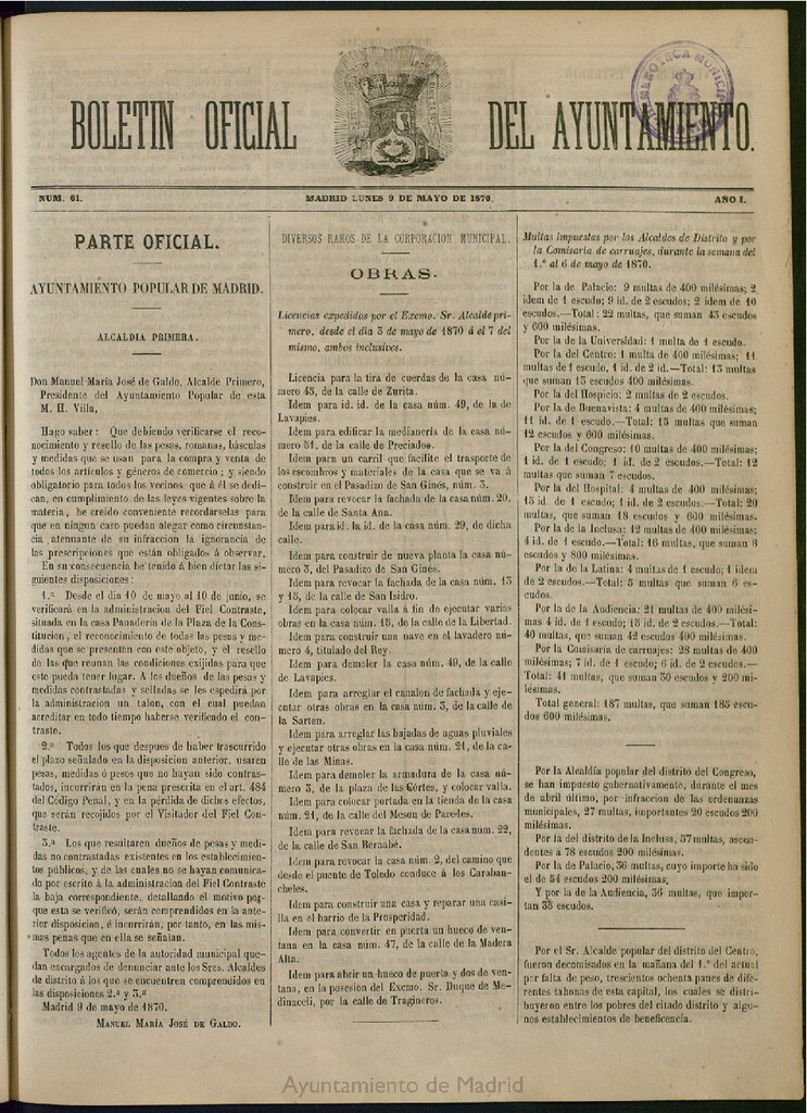 Miniatura de Boletín Oficial del Ayuntamiento de Madrid del 9 de mayo de 1870, nº 61