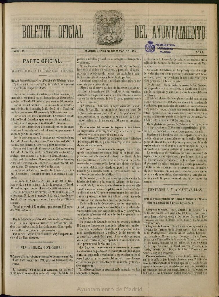 Miniatura de Boletín Oficial del Ayuntamiento de Madrid del 16 de mayo de 1870, nº 62