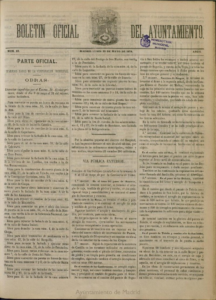 Miniatura de Boletín Oficial del Ayuntamiento de Madrid del 23 de mayo de 1870, nº 63