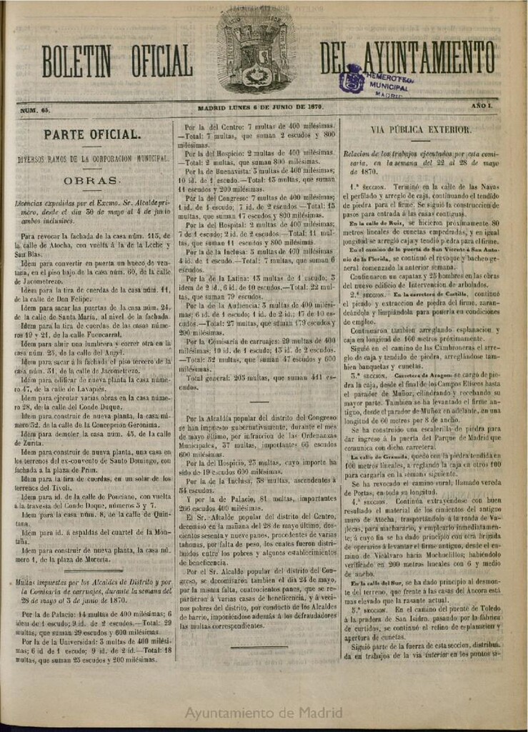 Miniatura de Boletín Oficial del Ayuntamiento de Madrid del 6 de junio de 1870, nº 65