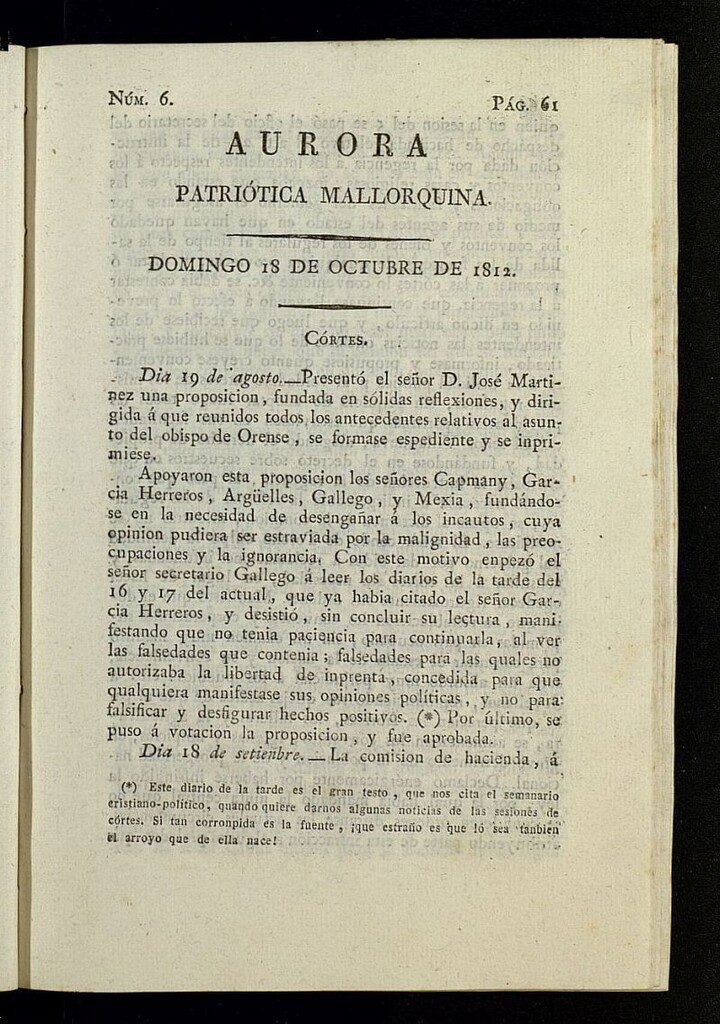 Miniatura de Aurora Patriótica Mallorquina del 18 de octubre de 1812, nº 6