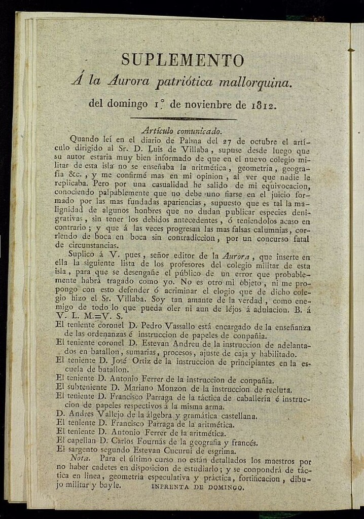 Miniatura de Aurora Patriótica Mallorquina del 1 de noviembre de 1812, suplemento al nº 10