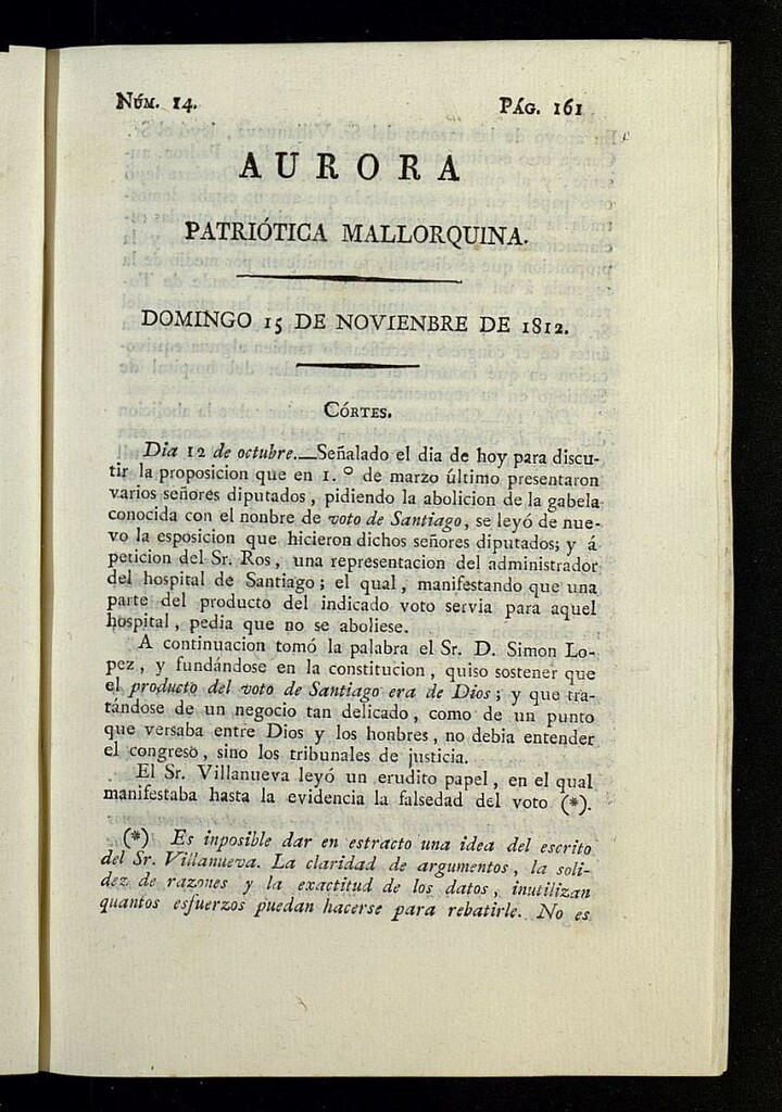 Miniatura de Aurora Patriótica Mallorquina del 15 de noviembre de 1812, nº 14