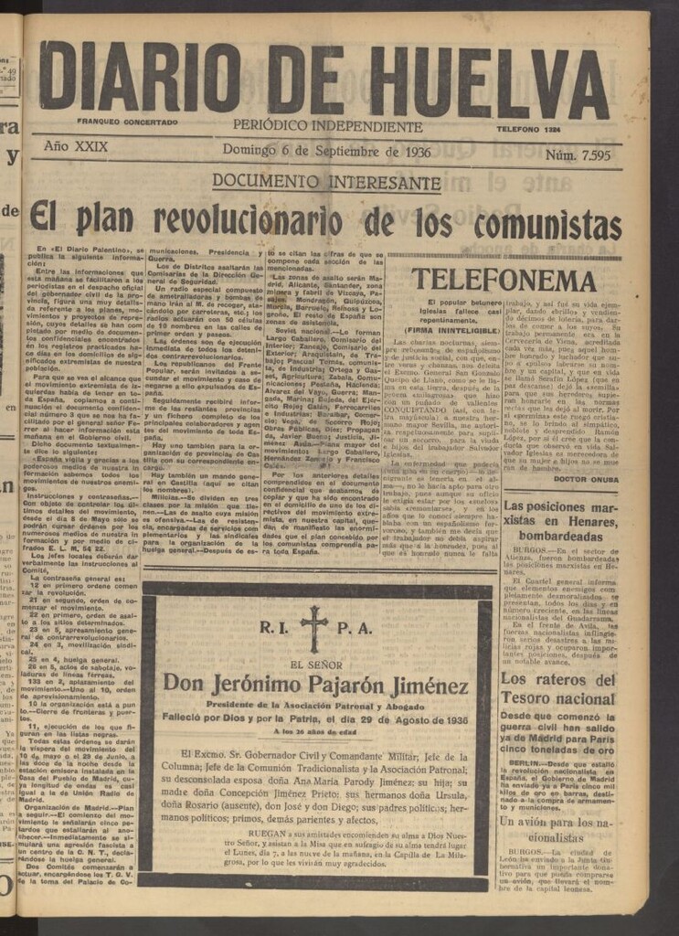 Miniatura de Diario de Huelva : periódico independiente del 6 de septiembre de 1936