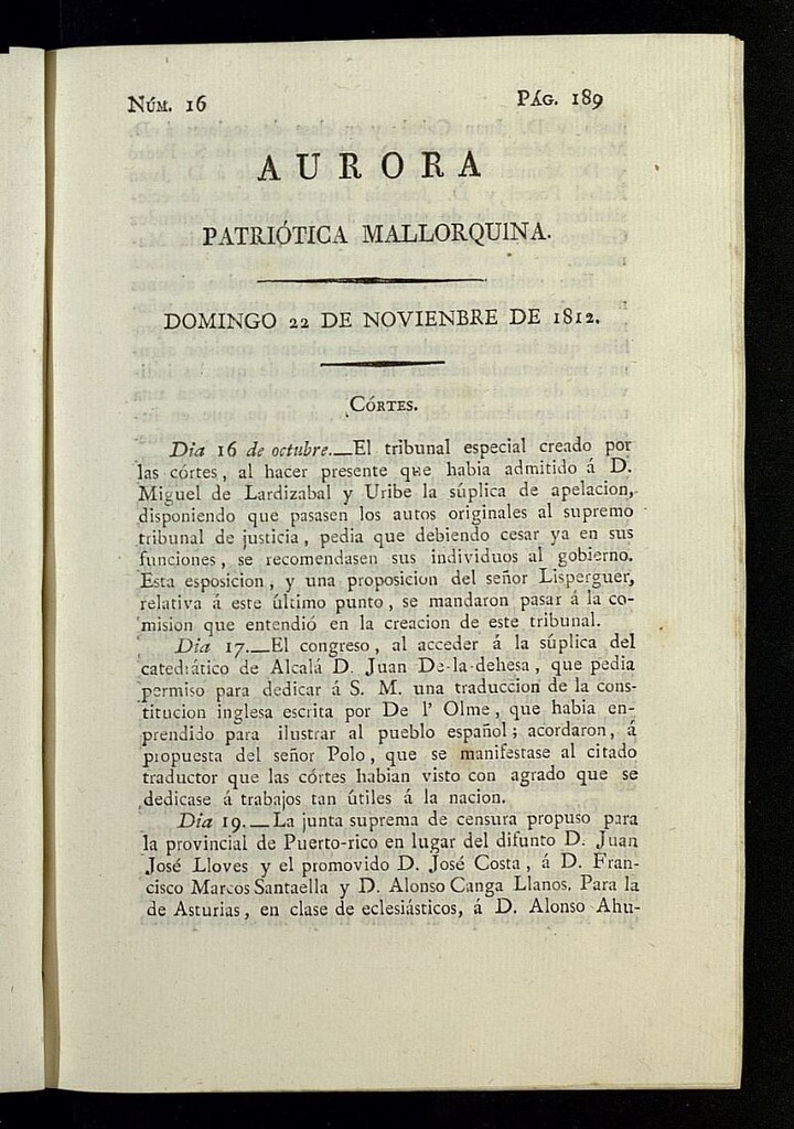 Miniatura de Aurora Patriótica Mallorquina del 22 de noviembre de 1812, nº 16