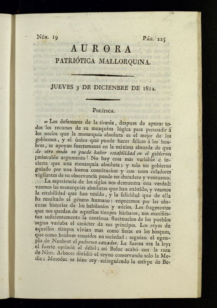 Miniatura de Aurora Patriótica Mallorquina del 3 de diciembre de 1812, nº 19