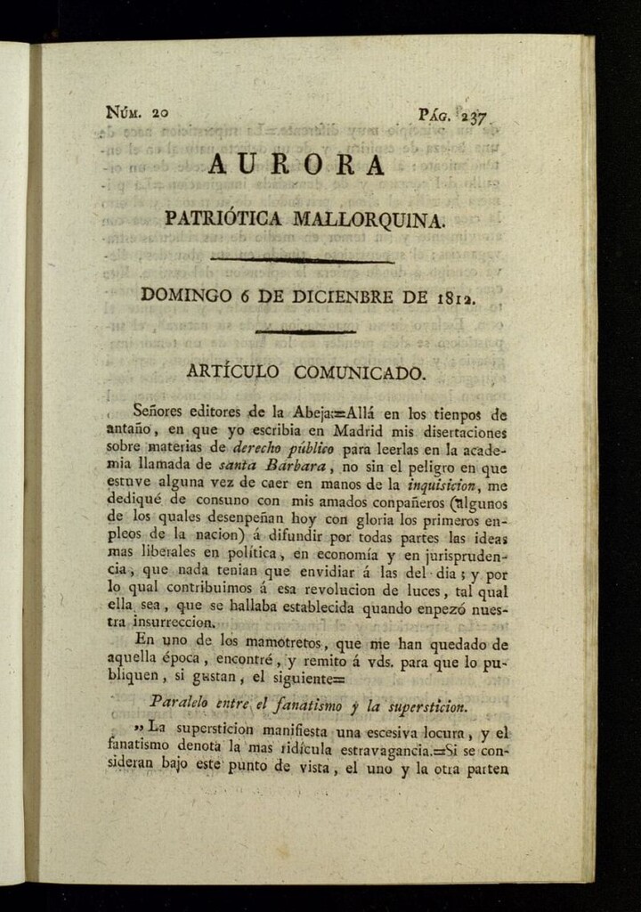 Miniatura de Aurora Patriótica Mallorquina del 6 de diciembre de 1812, nº 20