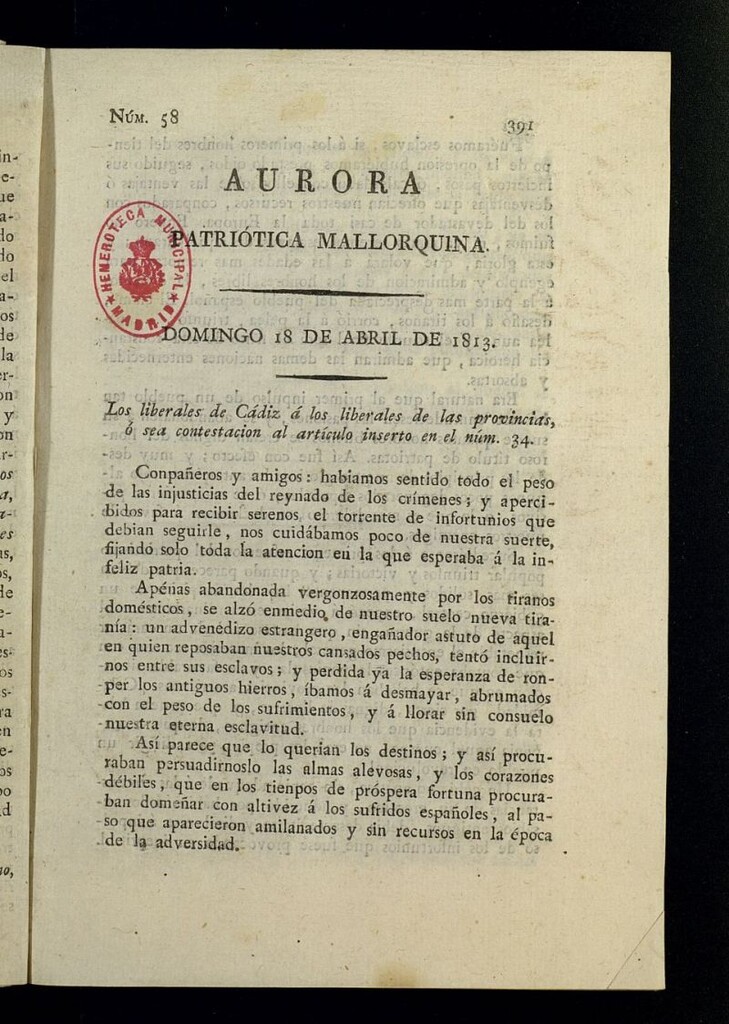 Miniatura de Aurora Patriótica Mallorquina del 18 de abril de 1813, nº 58